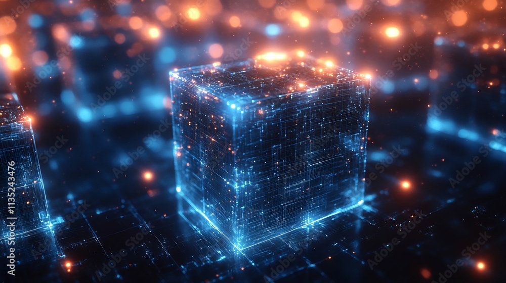 Poster floating data cubes connected diagonal lines translucent layers with glowing blue hues perfect for t