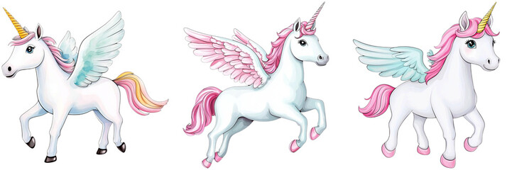 Unicorn magic and playful, Three charming unicorn figurines with colorful manes and wings, showcasing playful poses and intricate details.