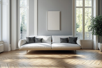 White sofa on wooden parquet. Minimalist, scandinavian home interior design of modern living room.