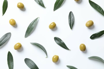 Fresh olives and leaves on white background