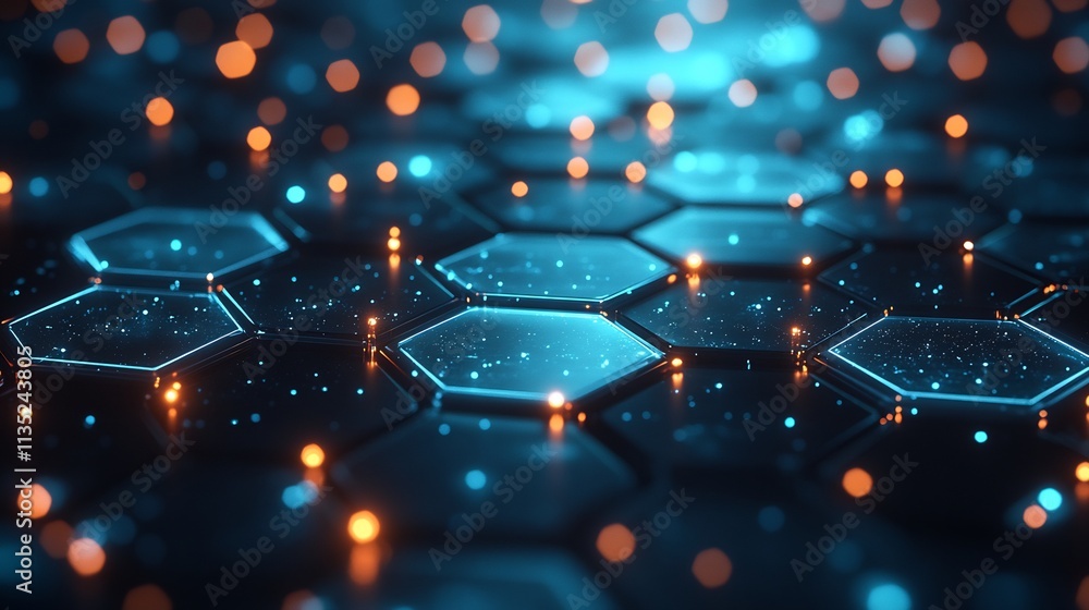 Poster floating hexagonal grids nodal highlights interactive transparency vibrant blue and green hues scifi