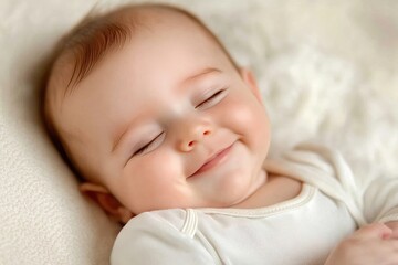 Smiling newborn baby lying on a pastel background, close-up with copy space. AI generated image