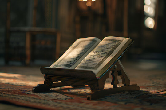 An open Quran on a wooden stand (rihal).