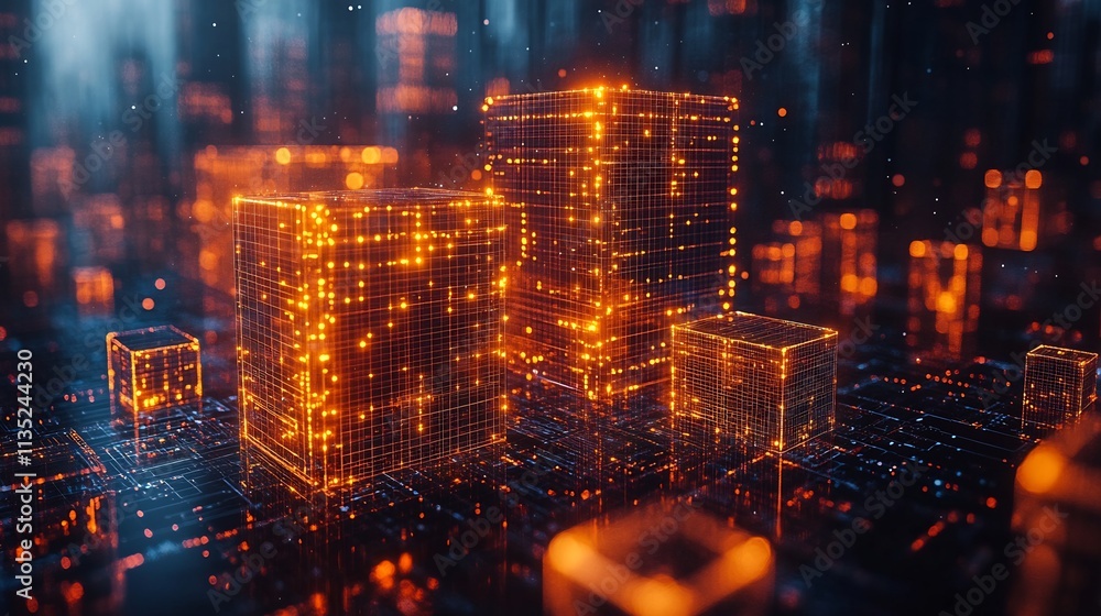 Poster floating translucent cubes data bars inside glowing digital highlights perfect for financial chart o
