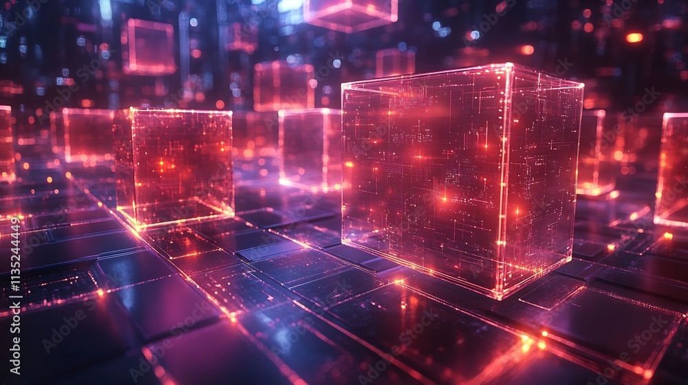 Poster floating translucent cubes diagonal glowing connections interactive effect for futuristic financial 