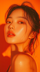 Korean beautiful girl taking photo with orange background and orange light