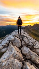 Fototapeta premium Realistic Vibrant Mountain Landscapes at Sunrise, glowing golden peaks with misty valleys under a clear sky