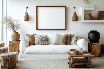 Scandinavian interior design of modern living room. White sofa with pattern pillows and rustic furniture. Mock up frame on white wall.