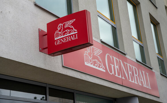 Nitra, Slovakia - December , 8, 2024 : Generali Insurance company logo on a branch building.