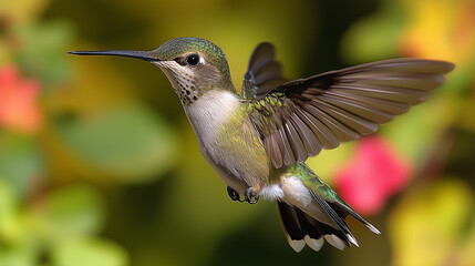Fototapeta premium A tiny hummingbird mid-flight with blurred wings.