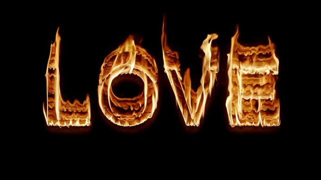The image is a close up of the word LOVE written in flames. The flames are very close to the letters, making it look like they are burning. Scene is intense and dramatic