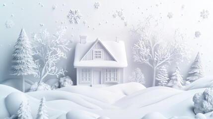 Naklejka premium Serene Winter Wonderland: A Snow-Covered Cabin Nestled in a Pristine White Landscape