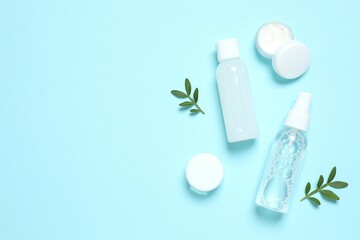 Natural cosmetic products on color background, top view