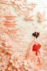 Beautiful paper art depicting a serene Japanese landscape with a woman in traditional attire among cherry blossoms