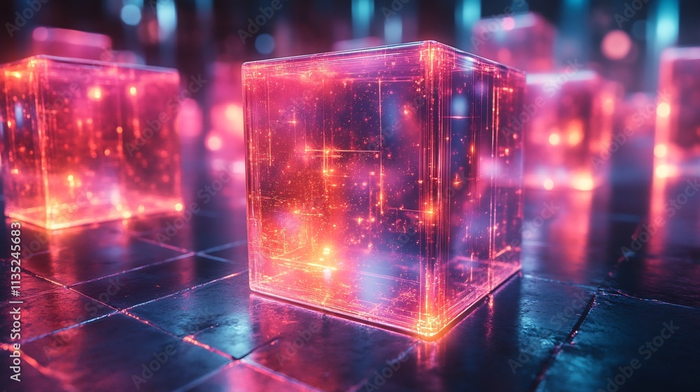 Poster interactive cubes squares forming translucent health grids glowing nodal connections layered for aug