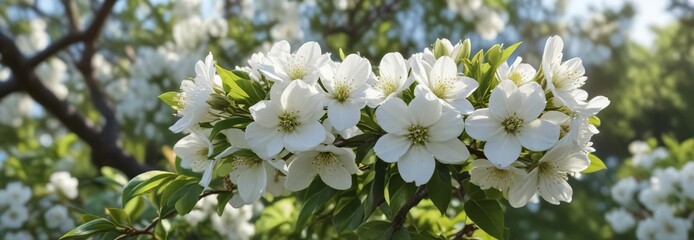Fresh white flowers on a blueberry tree in bloom, seasonal, beautiful, leaf