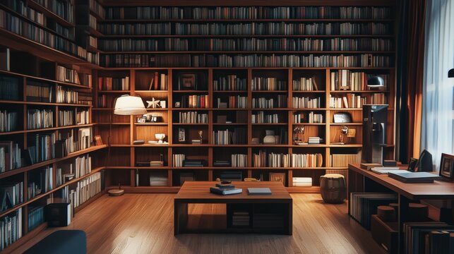An extensive library with a study desk, warm wooden bookshelves filled with books, and cozy lighting, exuding a sense of comfort and intellectual pursuit, ideal for study and lifestyle themes.. AI
