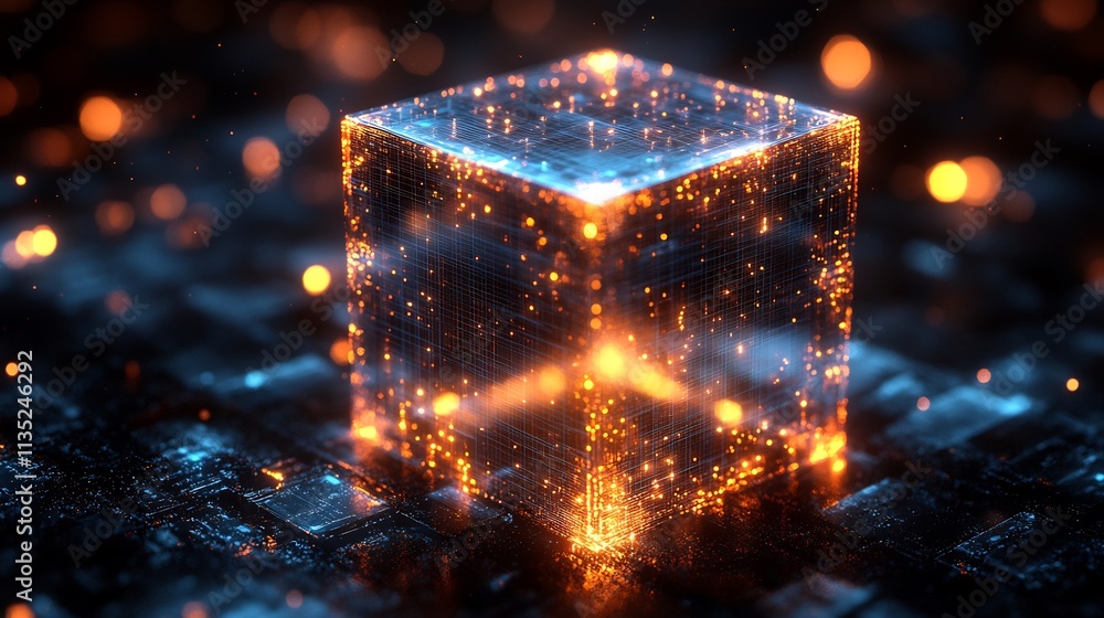 Poster interactive stock market line forming transparent layered cube glowing financial points futuristic c