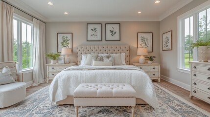 A serene, elegantly designed bedroom featuring a plush bed and tasteful decor.