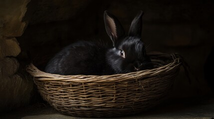 Black Himalayan rabbit in wicker basket with shadow and light