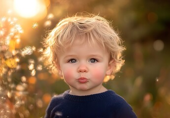 Little boy blowing dandelion seeds in a sunny spring garden. AI generated image