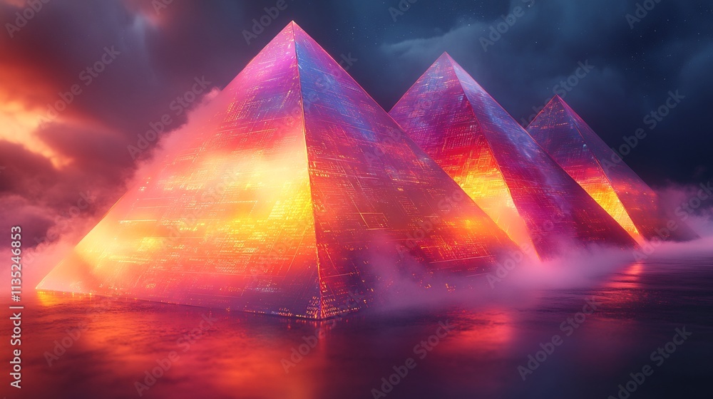 Poster pyramidlike interactive cgi data chart vibrant colored section smooth transparent overlays futuristi