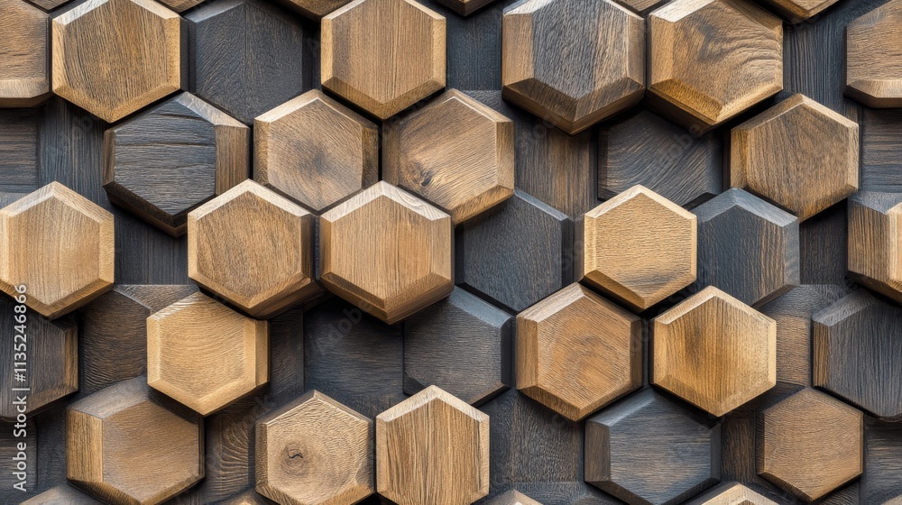Poster wooden hexagonal panels form a seamless, geometric pattern with varying shades and textures. this cl