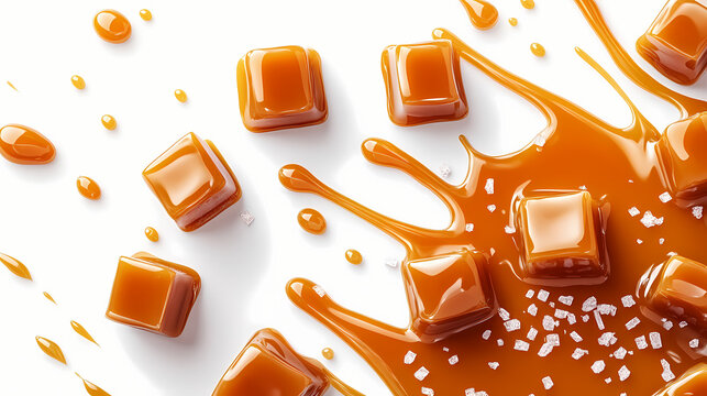 Drizzled caramel sauce with caramel cubes and flake salt top down white background. Drizzle. Illustration