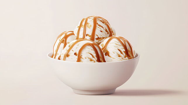 Elegant caramel-drenched vanilla ice cream in a bowl, highlighted with an artistic drizzle. perfect for food industry, dessert blogs, and recipe collections. ai. Drizzle. Illustration