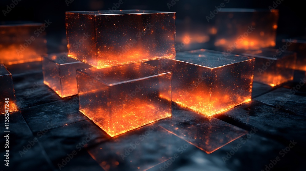 Poster stacked squares layered transparent edges nodal points glowing designed for dynamic financial and bu
