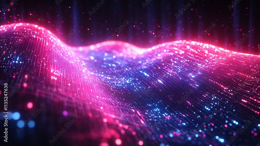 Poster translucent data lines forming vertical waveforms soft blue purple highlights designed for interacti