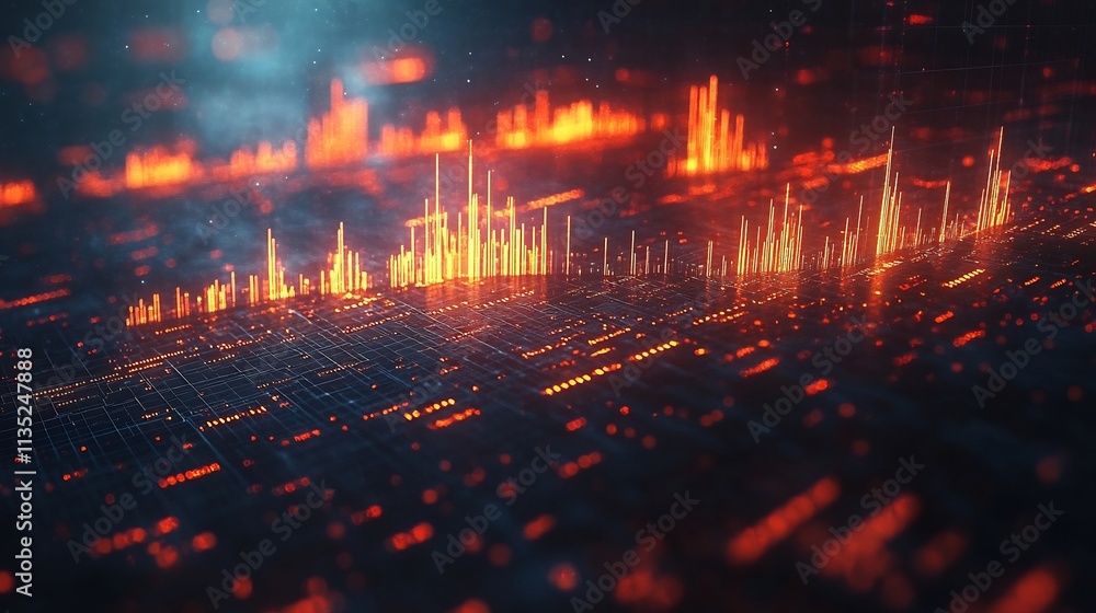 Poster translucent polygonal bars forming interactive stock market visuals glowing segments suitable modern