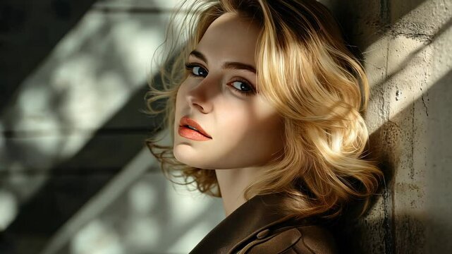 Fashion portrait of young blonde woman with curly hair and brown jacket, posing with light and shadows on her face