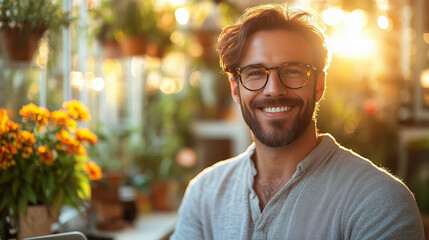 Fototapeta premium Home Office : Happy young man looking while using laptop at cozy home office.bright white tone.