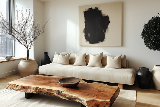 Boho, minimalist interior design of modern living room with earthy tones, featuring a neutral sofa and a rustic wooden live edge coffee table. Minimalist decor creating serene atmosphere.