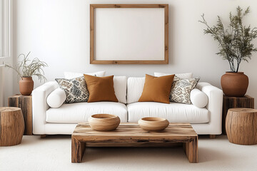 Scandinavian interior design of modern living room. White sofa with pattern pillows and rustic furniture. Mock up frame on white wall.