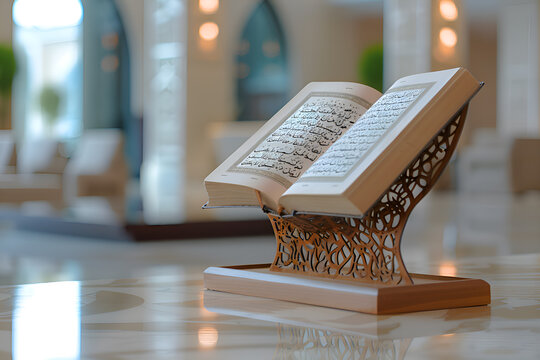 Quran on a rihal or wooden book stand on a table against the background of a mosque
