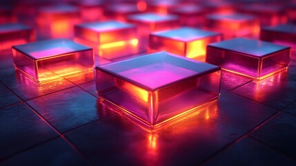 Translucent squares forming interactive bar graphs rotating transparent layers glowing gradient effect business and finance overlays