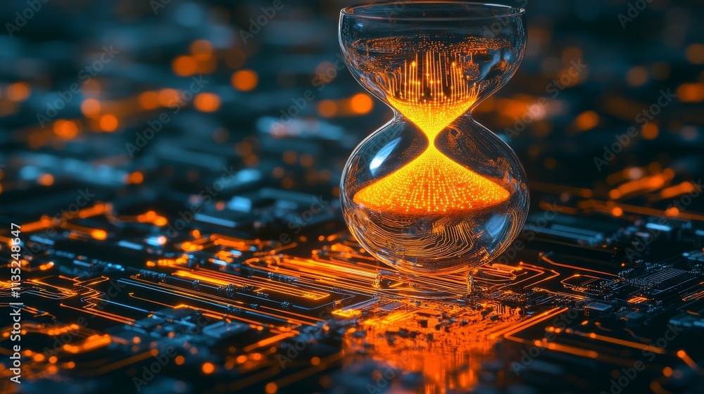 Poster a digital hourglass glows brilliantly atop an intricate circuit board, symbolizing the convergence o