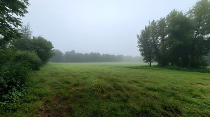 Obraz premium Serene morning mist enveloping two trees in a tranquil landscape