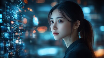 Naklejka premium Woman viewing illuminated data display with soft focus background.