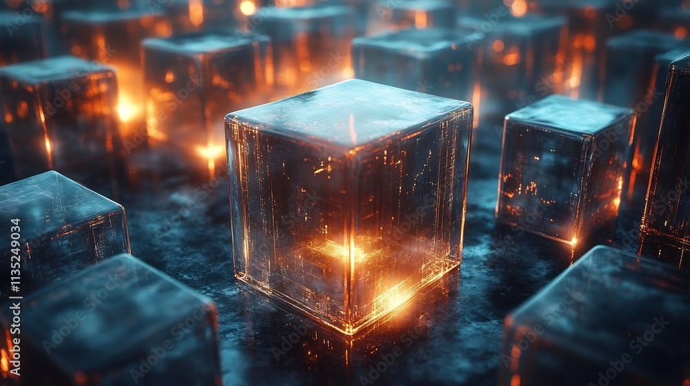 Poster transparent cubes nodal highlights aligned in financial growth patterns interactive cgi effect for s