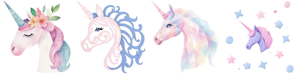 Obraz premium Unicorn magic and playful, Four whimsical unicorn heads in various styles, showcasing colorful manes and distinctive features.