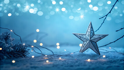 Christmas Star With Shiny Defocused Lights In Abstract Blue Night