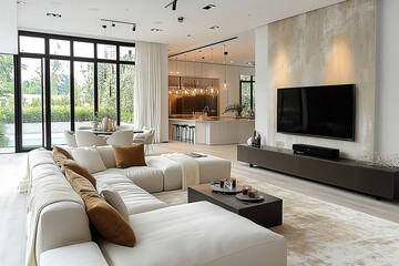 Contemporary room with large sectional sofa, lcd tv panel, neutral tones, and modern decor accents. Minimalist home interior design of modern living room.
