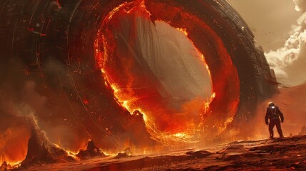 Futuristic portal on mars with astronaut.