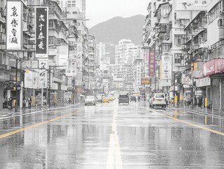 A rainy urban street scene with reflections and signage in monochrome.