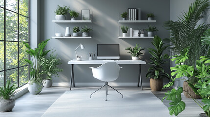 Minimalist home office with wall-mounted shelves and a white desk.