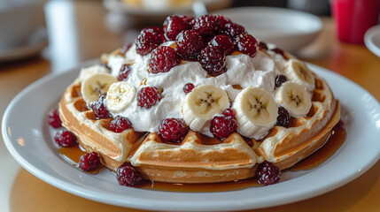 Waffles topped with whipped cream, maple syrup, and sliced bananas.