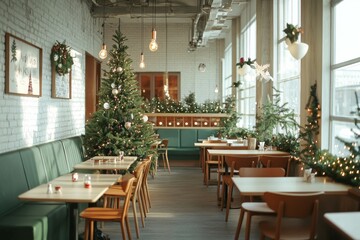 Obraz premium Cozy cafe or coffee shop interior decorated with Christmas trees and warm festive holiday ambiance